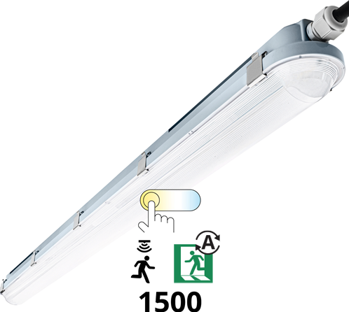 Pragmalux LED TL Waterdicht Armatuur Hermes IP66 150cm 30-53W 3000K-6000K 3-CCT 4150-7700lm 5x2,5mm Doorvoerbedrading (2x58W)+bewegingssensor + noodmodule 1uur zelftest