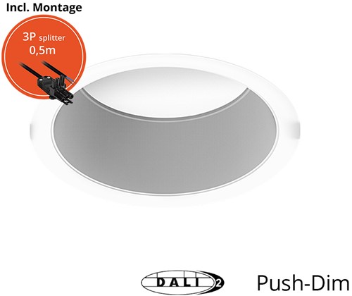 Pragmalux LED Downlight Essence G2 IP54 wit verdiept max. 15W 3000K-6000K 3-CCT max. 1650lm 100D Ø176 Buitenmaat - Gatmaat Ø150 incl. TCI DALI Driver incl. 3P snoer /splitter, 1 in 2 uit