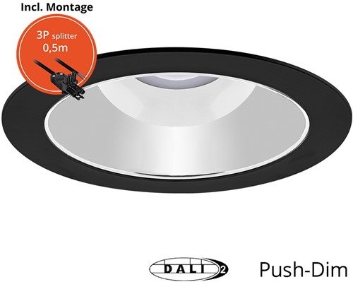 Pragmalux LED Downlight Spectre SR IP54 14W 3000K-5700K 3-CCT 1450-1550lm zwart + TCI DALI Driver incl.3P Aansluitsnoer en splitter en trekontlasting, 1in2uit(1x18W)