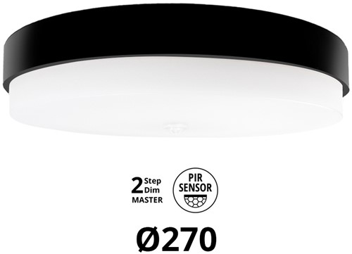 Pragmalux LED Plafonnière / Wandarmatuur Dura-S Zwart Ø270 IP64 IK10 4-9W 450-1100lm 3000K-3500K-4000K 3-CCT 2-step dim (100-10%) master + PIR Sensor