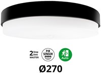 Pragmalux LED Plafonnière / Wandarmatuur Dura-S Zwart Ø270 IP64 IK10 4-9W 450-1100lm 3000K-3500K-4000K 3-CCT 2-step dim (100-10%) master + PIR Sensor & noodmodule 1uur zelftest