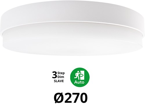 Pragmalux LED Plafonnière / Wandarmatuur Dura-S Wit Ø270 IP64 IK10 4-9W 450-1100lm 3000K-3500K-4000K 3-CCT 3-step dim (100-10%) slave = geen sensor & noodmodule 1uur zelftest