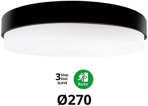 Pragmalux LED Plafonnière / Wandarmatuur Dura-S Zwart Ø270 IP64 IK10 4-9W 450-1100lm 3000K-3500K-4000K 3-CCT 3-step dim (100-10%) slave = geen sensor & noodmodule 1uur zelftest