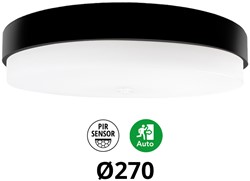 Pragmalux LED Plafonniere / Wandarmatuur Dura-S Zwart 270 IP64 IK10 4-9W 375-1000lm 2200K-2700K 2-CCT + PIR sensor + noodmodule 1uur autotest
