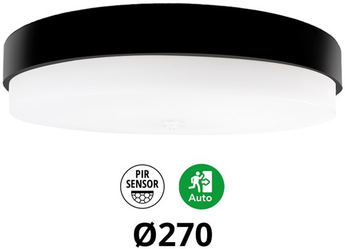 Pragmalux LED Plafonniere / Wandarmatuur Dura-S Zwart 270 IP64 IK10 4-9W 450-1100lm 3000K-3500K-4000K 3-CCT + PIR sensor + noodmodule 1uur autotest