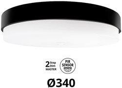 Pragmalux LED Plafonnière / Wandarmatuur Dura-M Zwart Ø340 IP64 IK10 8-18W 750-2075lm 2200K-2700K 2-CCT 2-step dim (100-10%) master + PIR Sensor