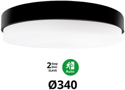 Pragmalux LED Plafonnière / Wandarmatuur Dura-M Zwart Ø340 IP64 IK10 8-18W 750-2075lm 2200K-2700K 2-CCT 2-step dim (100-10%) slave = geen sensor & noodmodule 1uur zelftest