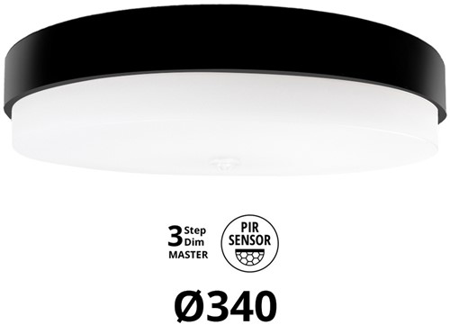 Pragmalux LED Plafonnière / Wandarmatuur Dura-M Zwart Ø340 IP64 IK10 8-18W 750-2075lm 2200K-2700K 2-CCT 3-step dim (100-10%) master + PIR Sensor