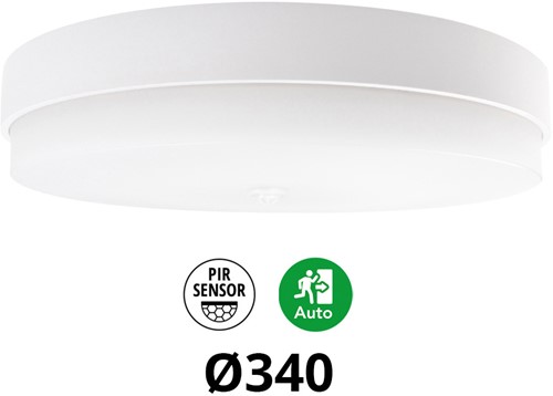 Pragmalux LED Plafonniere / Wandarmatuur Dura-M Wit 340 IP64 IK10 8-18W 950-2300lm 3000K-3500K-4000K 3-CCT + PIR sensor + noodmodule 1uur autotest