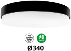 Pragmalux LED Plafonniere / Wandarmatuur Dura-M Zwart 340 IP64 IK10 8-18W 750-2075lm 2200K-2700K 2-CCT + PIR sensor + noodmodule 1uur autotest