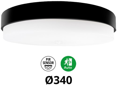 Pragmalux LED Plafonniere / Wandarmatuur Dura-M Zwart 340 IP64 IK10 8-18W 750-2075lm 2200K-2700K 2-CCT + PIR sensor + noodmodule 1uur autotest