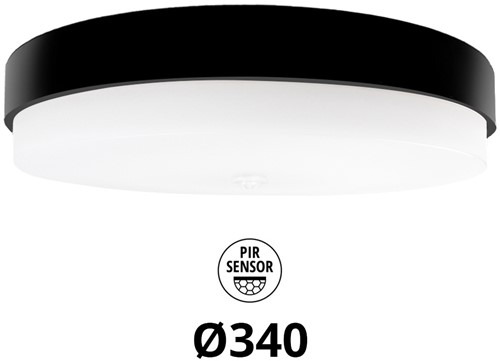 Pragmalux LED Plafonniere / Wandarmatuur Dura-M Zwart 340 IP64 IK10 8-18W 950-2300lm 3000K-3500K-4000K 3-CCT + PIR sensor