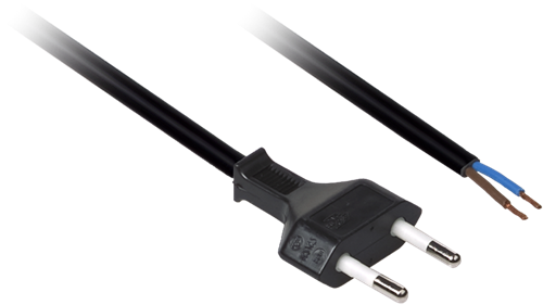 Eurosnoer 2 meter 2x0,75mm2 2,5A AC 250V gestript koperen aderhuls zwart - KEMA KEUR EN 50075:1990 VDE gekeurd