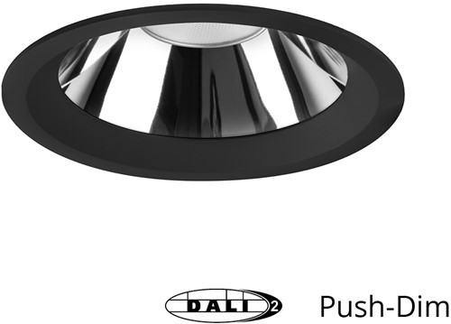 Pragmalux LED Downlight Mondial IP54 hoogglans zwart standaard 25,5W 3050-3200lm 3000K-3500K-4000K 3-CCT CRI>90 UGR<19 60D BØ250 - GØ200-240 +TCI DALI Driver