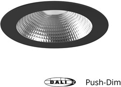 Pragmalux LED Downlight Mondial IP54 facet zwart plat 25,5W 3050-3200lm 3000K-3500K-4000K 3-CCT CRI>90 UGR<19 60D BØ214 - GØ200 +TCI DALI Driver