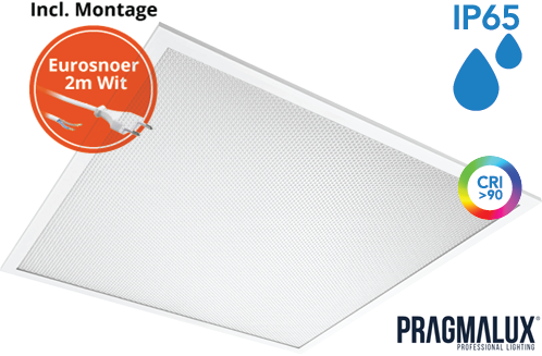 Pragmalux LED Paneel 60x60cm Sigma G2 IP65 CRI>90 26-37W 3000K-4000K 2-CCT 3550-5000lm UGR<19 +Driver incl. eurosnoer 2m wit(4x14W/4X18W)