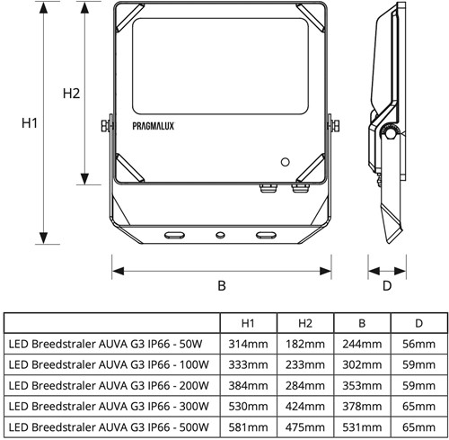 Pragmalux LED Breedstraler Auva G3 IP66 C4 180-300W 3000K-5000K 3CCT 30300-51500lm asymmetrisch zwart RAL9004-6