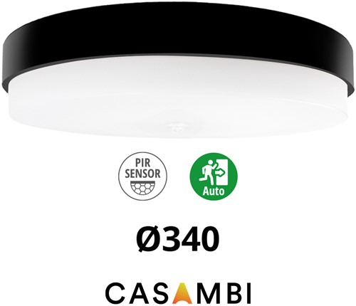 Pragmalux LED Plafonnière / Wandarmatuur Dura-M Zwart Ø340 IP64 IK10 max.18W 2200-2300lm 3000K-3500K-4000K 3-CCT + Casambi PIR sensor + noodmodule 1uur autotest