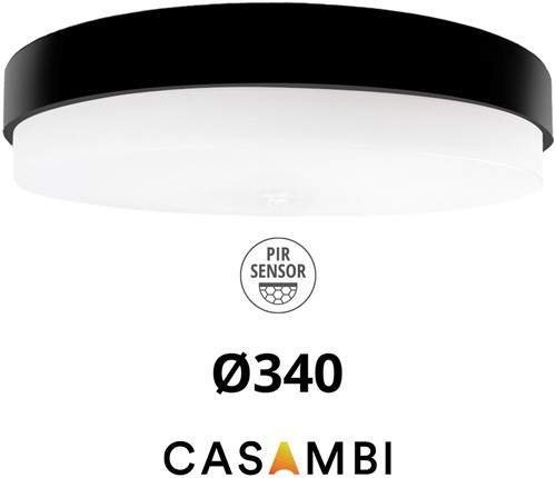 Pragmalux LED Plafonnière / Wandarmatuur Dura-M Zwart Ø340 IP64 IK10 max.18W 2200-2300lm 3000K-3500K-4000K 3-CCT + Casambi PIR sensor