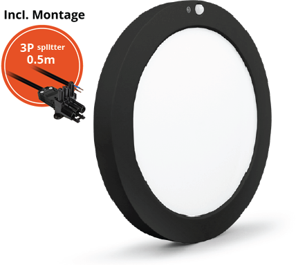 Pragmalux LED Downlight Luna G2 PIR zwart IP44 9W/18W 3000K-6000K 3-CCT 1025-2000lm 227 Buitenmaat - Gatmaat 65-185 incl. LED Driver & 3P Aansluitsnoer en splitter en trekontlasting, 1 in 2 uit