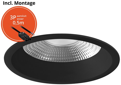 Pragmalux LED Downlight Mondial IP54 facet zwart verdiept 13,5-25,5W 1700-3200lm 3-CCT CRI>90 UGR<19 60D BØ226 - GØ200-210 +Philips driver incl.3P snoer