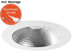 Pragmalux LED Downlight Mondial IP54 facet wit plat 6-16W 700-1800lm 3-CCT CRI>90 UGR<19 60D BØ132 - GØ120 +Philips driver incl. eurosnoer 2m wit