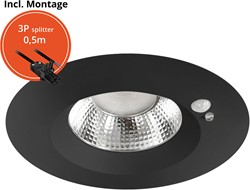 Pragmalux LED Downlight Mondial PIR IP54 facet zwart 13-18W 1400-2100lm 3-CCT UGR<19 60D BØ176 - GØ150-160 +LED Driver incl.3P aansluitsnoer en splitter en TO, 1 in 2 uit