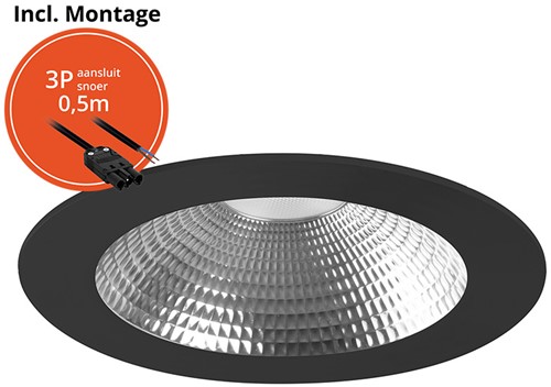 Pragmalux LED Downlight Mondial IP54 facet zwart plat 13,5-25,5W 1700-3200lm 3-CCT CRI>90 UGR<19 60D BØ214 - GØ200 +Philips driver incl.3P snoer
