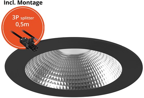 Pragmalux LED Downlight Mondial IP54 facet zwart plat 6-16W 700-1800lm 3-CCT CRI>90 UGR<19 60D BØ132 - GØ120 +Philips driver incl.3P snoer splitter, 1 in 2 uit