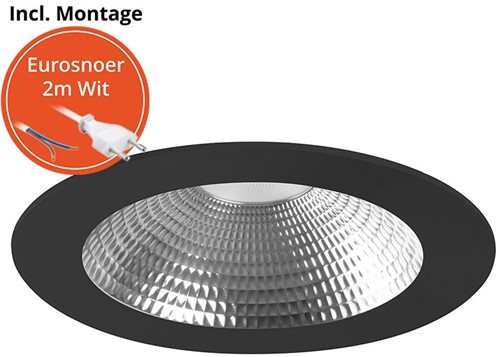 Pragmalux LED Downlight Mondial IP54 facet zwart plat 6-16W 700-1800lm 3-CCT CRI>90 UGR<19 60D BØ132 - GØ120 +Philips driver incl. eurosnoer 2m wit-3