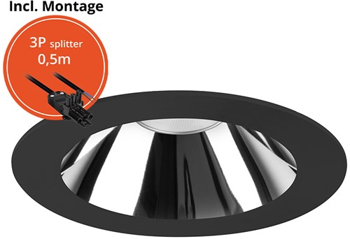 Pragmalux LED Downlight Mondial IP54 hoogglans zwart plat 6-16W 700-1800lm 3-CCT CRI>90 UGR<19 60D BØ132 - GØ120 +Philips driver incl.3P snoer splitter, 1 in 2 uit