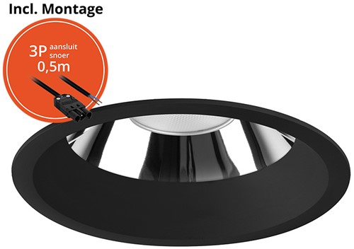 Pragmalux LED Downlight Mondial IP54 hoogglans zwart verdiept 13,5-25,5W 1700-3200lm 3-CCT CRI>90 UGR<19 60D BØ226 - GØ200-210 +Philips driver incl.3P snoer