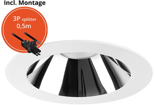 Pragmalux LED Downlight Mondial IP54 hoogglans wit plat 6-16W 700-1800lm 3-CCT CRI>90 UGR<19 60D BØ132 - GØ120 +Philips driver incl.3P snoer splitter, 1 in 2 uit