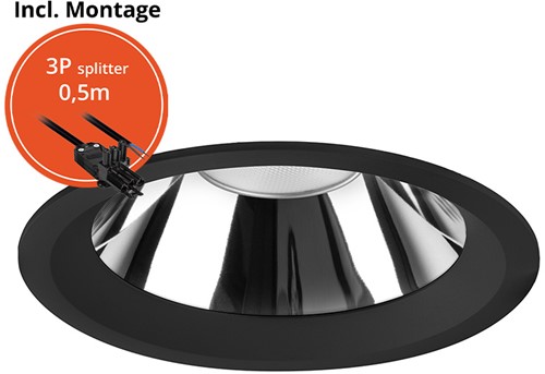 Pragmalux LED Downlight Mondial IP54 hoogglans zwart licht verdiept 13,5-25,5W 1700-3200lm 3-CCT CRI>90 UGR<19 60D Ø250 - GØ200-240 +Philips driver incl.3P snoer splitter, 1 in 2 uit