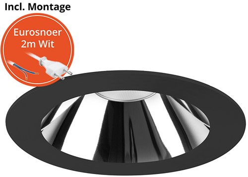 Pragmalux LED Downlight Mondial IP54 hoogglans zwart plat 6-16W 700-1800lm 3-CCT CRI>90 UGR<19 60D BØ132 - GØ120 +Philips driver incl. eurosnoer 2m wit-1