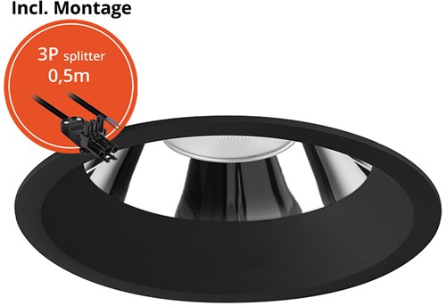 Pragmalux LED Downlight Mondial IP54 hoogglans zwart verdiept 6-19,5W 725-2450lm 3-CCT CRI>90 UGR<19 60D BØ176 - GØ150-160 +Philips driver incl.3P snoer splitter, 1 in 2 uit