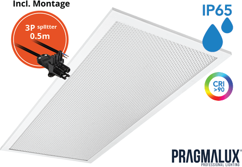 Pragmalux LED Paneel 30x60cm Sigma G2 IP65 CRI>90 9-20W 3000K-4000K 2-CCT 1000-2500lm UGR<19 +Driver incl. 3P Aansluitsnoer en splitter en trekontlasting, 1 in 2 uit (2x14W/2X18W)