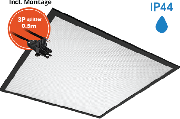 Pragmalux LED Paneel 60x60cm Sigma G2 Zwart IP44 18-26W 3000K-4000K 2-CCT 2400-3650lm UGR<19 +Philips Driver incl. 3P Aansluitsnoer en splitter en trekontlasting, 1 in 2 uit (4x14W)