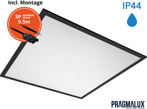 Pragmalux LED Paneel 60x60cm Sigma G2 Zwart IP44 26-38W 3000K-4000K 2-CCT 3500-5100lm UGR<19 +Driver incl. 3P Aansluitsnoer (4x14W)