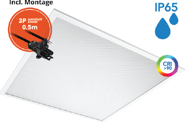 Pragmalux LED Paneel 60x60cm Sigma G2 IP65 CRI>90 13-26W 5000K-6500K 2-CCT 1800-3800lm UGR<19 +Philips Driver incl. 3P Aansluitsnoer en splitter en trekontlasting, 1 in 2 uit (4x14W/4X18W)
