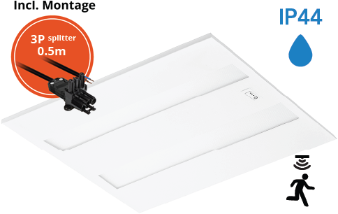Pragmalux LED Paneel Flexcore IP44 Easyair Sensor 60x60cm 26-39W 3600-5500lm 3000K-3500K-4000K 3CCT CRI >90 UGR<19 wit RAL9003+Philips SR driver incl. P3 aansluitsnoer en splitter en trekontlasting, 1 in 2 uit