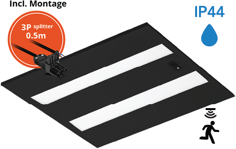 Pragmalux LED Paneel Flexcore IP44 Easyair Sensor 60x60cm 26-39W 3600-5500lm 3000K-3500K-4000K 3CCT CRI >90 UGR<19 zwart RAL9005 +Philips DALI SR driver incl. P3 aansluitsnoer en splitter en trekontlasting, 1 in 2 uit