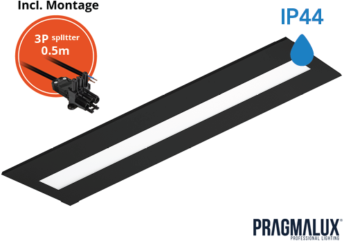Pragmalux LED Paneel Flexcore IP44 30x120cm 26-39W 3600-5500lm 3000K-3500K-4000K 3CCT CRI >90 UGR<19 zwart RAL9005+driver incl. P3 aansluitsnoer en splitter en trekontlasting, 1 in 2 uit