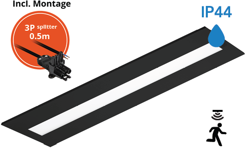 Pragmalux LED Paneel Flexcore IP44 Easyair Sensor 30x120cm 26-39W 3600-5500lm 3000K-3500K-4000K 3CCT CRI >90 UGR<19 zwart RAL9005 +Philips DALI SR driver incl. P3 aansluitsnoer en splitter en trekontlasting, 1 in 2 uit