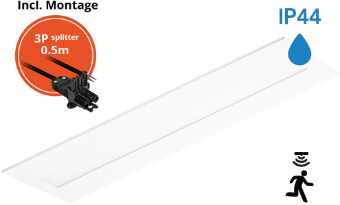Pragmalux LED Paneel Flexcore IP44 Easyair Sensor 30x120cm 26-39W 3600-5500lm 3000K-3500K-4000K 3CCT CRI >90 UGR<19 wit RAL9003 +Philips DALI SR driver incl. P3 aansluitsnoer en splitter en trekontlasting, 1 in 2 uit