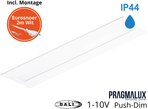 Pragmalux LED Paneel Flexcore IP44 30x120cm 26-39W 3600-5500lm 3000K-3500K-4000K 3CCT CRI >90 UGR<19 wit RAL9003+universele driver (DALI2, 1-10V, Push-dim) incl. eurosnoer 2m wit 