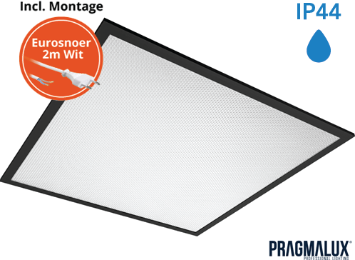 Pragmalux LED Paneel 60x60cm Sigma G2 Zwart IP44 26-38W 3000K-4000K 2-CCT 3500-5100lm UGR<19 +Driver incl. eurosnoer 2m wit (4x14W)