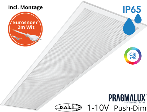 Pragmalux LED Paneel 30x120cm Sigma G2 IP65 CRI>90 26-37W 5000K-6500K 2-CCT 3700-5300lm UGR<19 +Universele Driver (DALI2, 1-10V, Push-dim) incl. eurosnoer 2m wit(2x28W/2x36W)