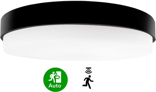 Pragmalux LED Plafonniere / Wandarmatuur Dura-M Zwart 340 IP64 IK10 8-18W 950-2300lm 3000K-3500K-4000K 3-CCT + bewegingssensor + noodmodule 3uur autotest