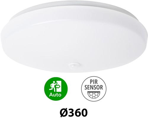Pragmalux LED Plafonnière / Wandarmatuur Polo G3 IP64 18W 3000K-6000K 3-CCT 1550-1700lm Ø360 (1x26W) +PIR sensor & Noodmodule 3 uur manueel
